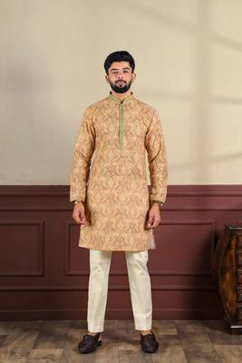 Peach cotton blend men's kurta payjama with i3 1