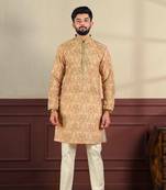 Peach cotton blend men's kurta payjama with i3