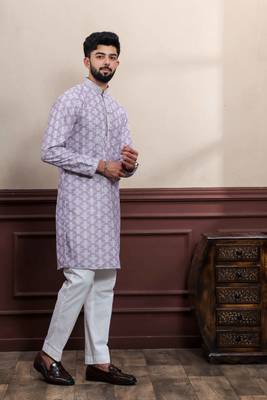 Lavender cotton blend men's kurta payjama with i3 5
