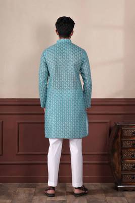 Aqua blue sophisticated men's kurta payjama for ceremonial wear 3