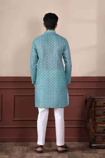 Aqua blue sophisticated men's kurta payjama for ceremonial wear
