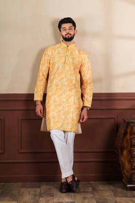Mustard cotton blend men's kurta payjama with i3 1