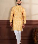 Mustard cotton blend men's kurta payjama with i3