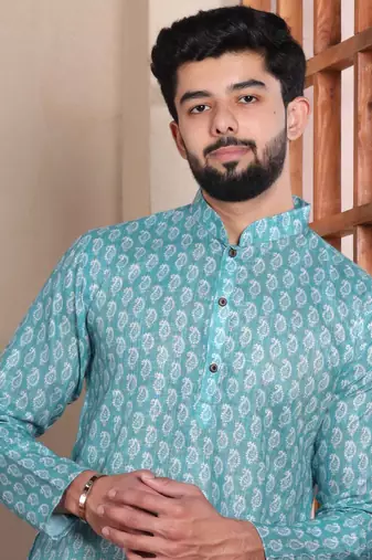 Aqua blue sophisticated men's kurta payjama for ceremonial wear