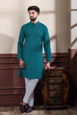Teal blended cotton fabric men's kurta payjama 1