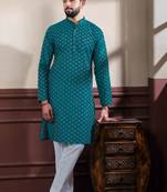 Teal blended cotton fabric men's kurta payjama