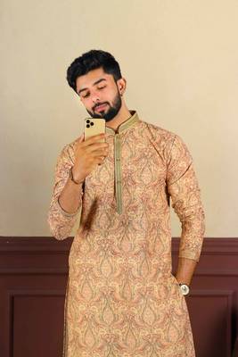 Peach cotton blend men's kurta payjama with i3 3