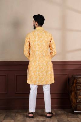 Mustard cotton blend men's kurta payjama with i3 2