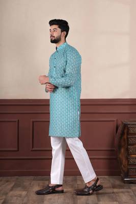Aqua blue sophisticated men's kurta payjama for ceremonial wear 5