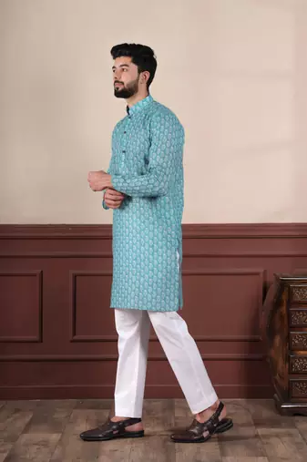 Aqua blue sophisticated men's kurta payjama for ceremonial wear