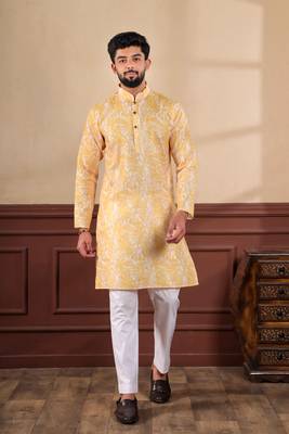 Mustard linen fabric digital printed graceful men's kurta payjama 1