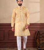 Mustard linen fabric designer digital printed graceful men's kurta payjama