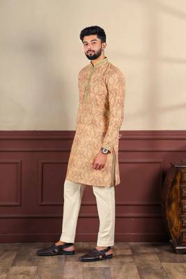 Peach cotton blend men's kurta payjama with i3 4