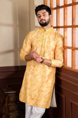 Mustard cotton blend men's kurta payjama with i3 3