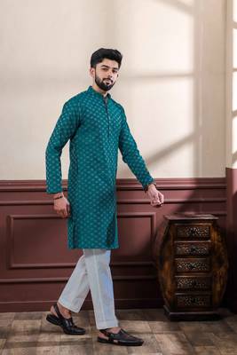 Teal blended cotton fabric men's kurta payjama 3