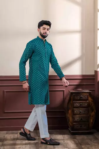 Teal blended cotton fabric men's kurta payjama