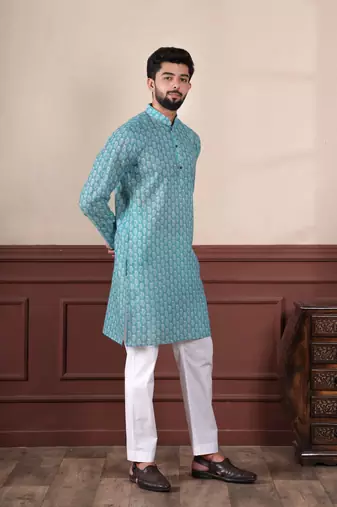 Aqua blue sophisticated men's kurta payjama for ceremonial wear