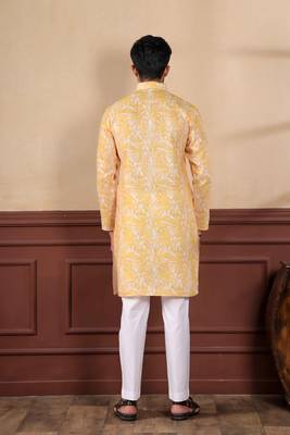 Mustard linen fabric digital printed graceful men's kurta payjama 3