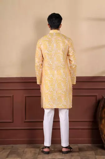 Mustard linen fabric digital printed graceful men's kurta payjama