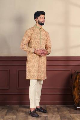 Peach cotton blend men's kurta payjama with i3 5