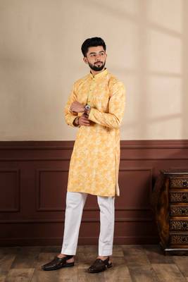 Mustard cotton blend men's kurta payjama with i3 4