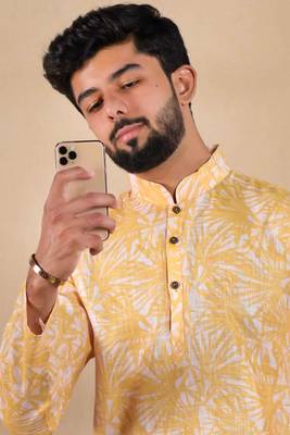 Mustard linen fabric digital printed graceful men's kurta payjama 4