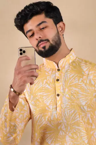 Mustard linen fabric digital printed graceful men's kurta payjama