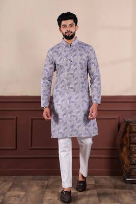 Violet linen fabric digital printed graceful men's kurta payjama 1