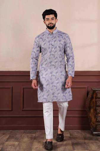 Violet linen fabric designer digital printed graceful men's kurta payjama
