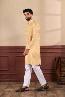 Mustard linen fabric digital printed graceful men's kurta payjama 5