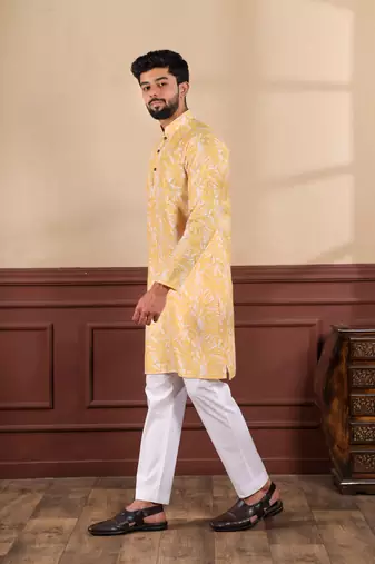 Mustard linen fabric digital printed graceful men's kurta payjama