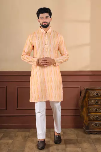 Peach color linen fabric designer digital printed graceful men's kurta payjama