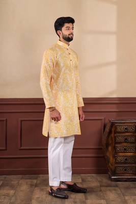 Mustard linen fabric digital printed graceful men's kurta payjama 6