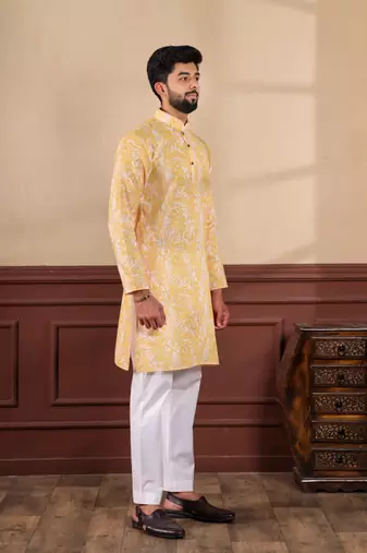 Mustard linen fabric digital printed graceful men's kurta payjama