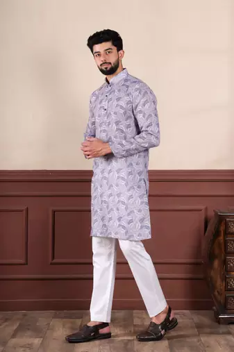 Violet linen fabric digital printed graceful men's kurta payjama