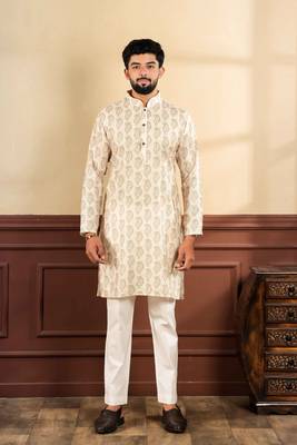 Cream sophisticated men's kurta payjama for ceremonial wear 1