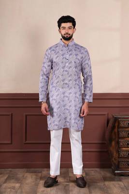 Violet linen fabric digital printed graceful men's kurta payjama 6
