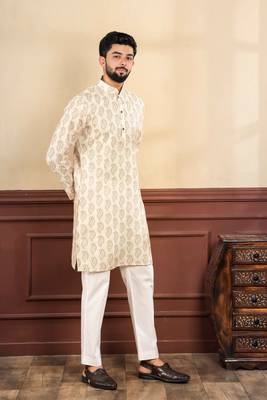 Cream sophisticated men's kurta payjama for ceremonial wear 6