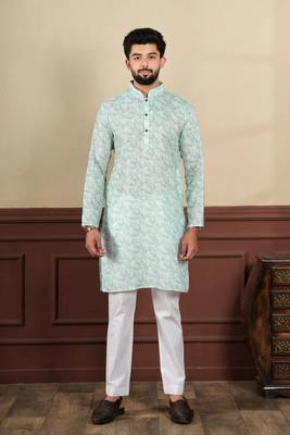 Light green sophisticated men's kurta payjama for ceremonial wear 1