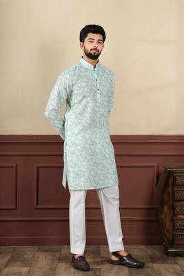 Light green sophisticated men's kurta payjama for ceremonial wear 6