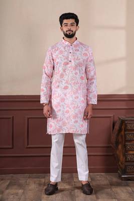 Pink linen fabric digital printed graceful men's kurta payjama 1