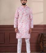 Pink linen fabric designer digital printed graceful men's kurta payjama