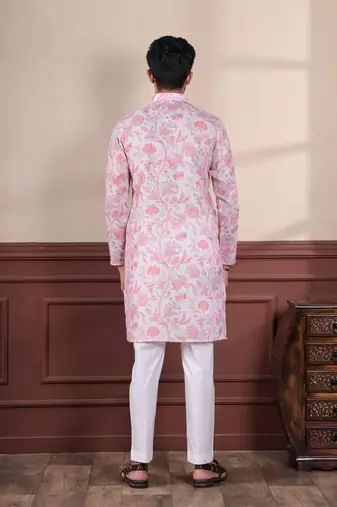 Pink linen fabric digital printed graceful men's kurta payjama