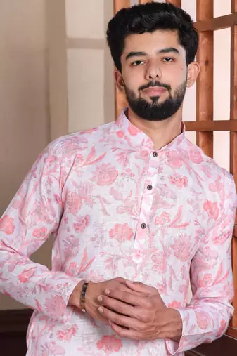 Pink linen fabric digital printed graceful men's kurta payjama