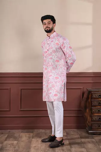Pink linen fabric digital printed graceful men's kurta payjama