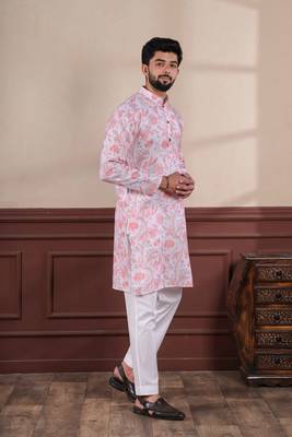 Pink linen fabric digital printed graceful men's kurta payjama 6