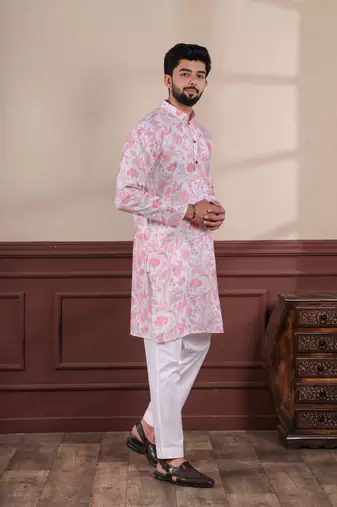 Pink linen fabric digital printed graceful men's kurta payjama