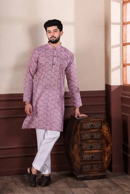 Purple linen fabric digital printed graceful men's kurta payjama 1