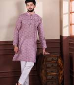 Purple linen fabric designer digital printed graceful men's kurta payjama