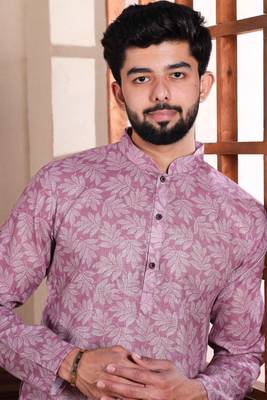 Purple linen fabric digital printed graceful men's kurta payjama 4